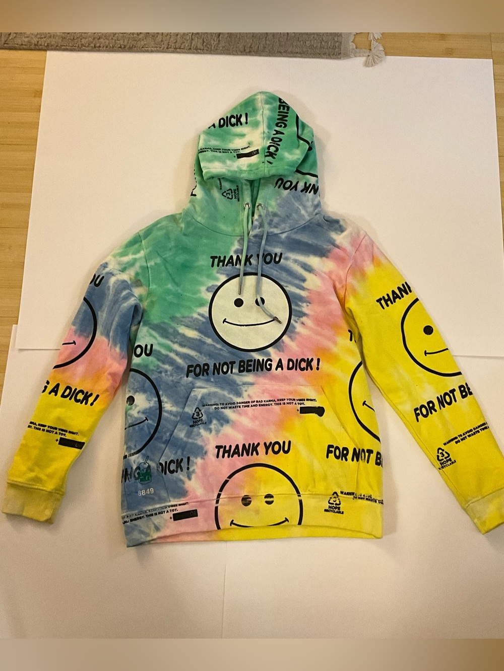 Snow Milk Tie Dye Smiley Face Hoodie Thank You For Not Being A Dick Pastel LARGE - Picture 2 of 6